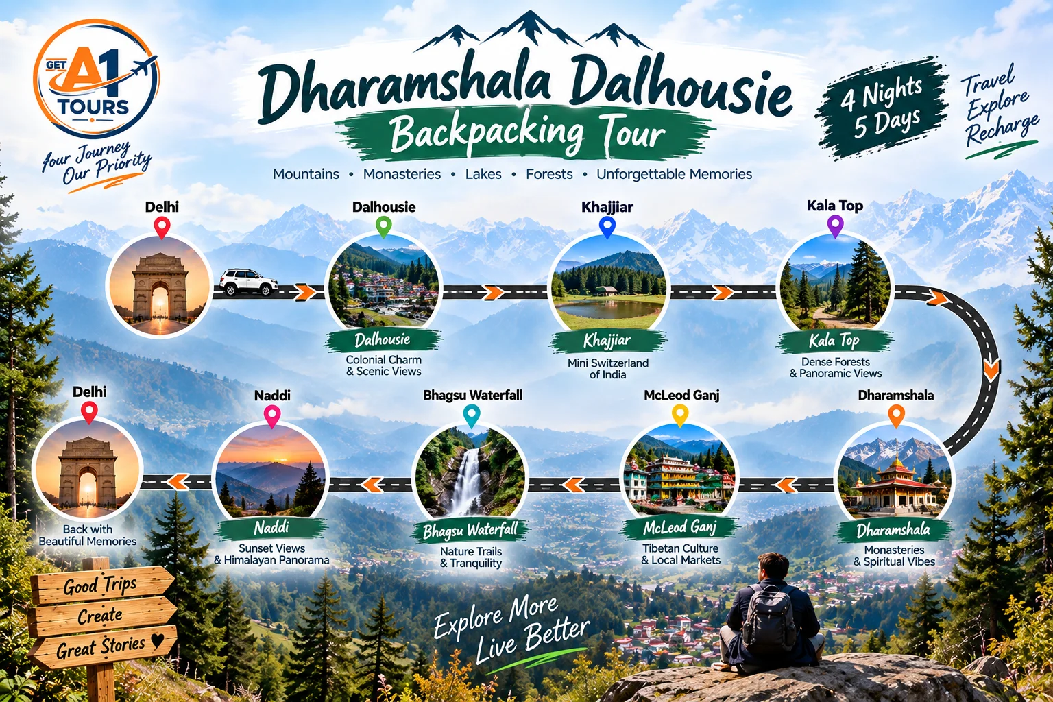 Route map for Dharamshala Dalhousie Backpacking Tour Package