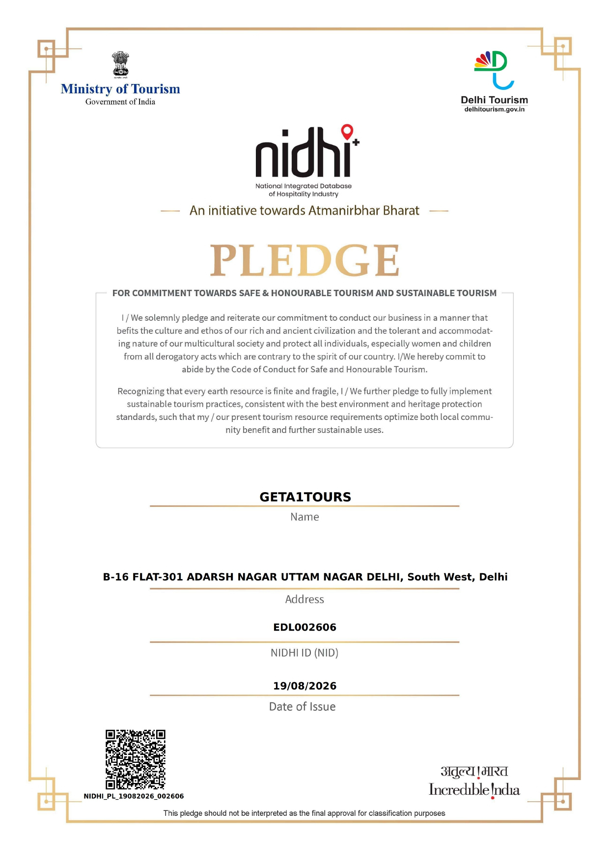 GET A1 TOURS Nidhi Recognition