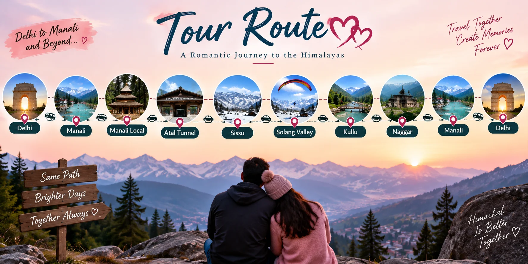 Route map for Manali Honeymoon Package by Volvo from Delhi for Couples