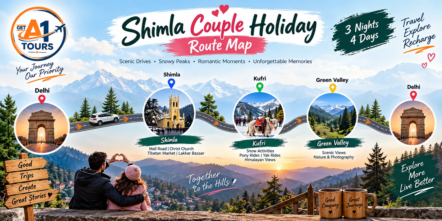 Route map for Shimla Honeymoon Couple Tour Package